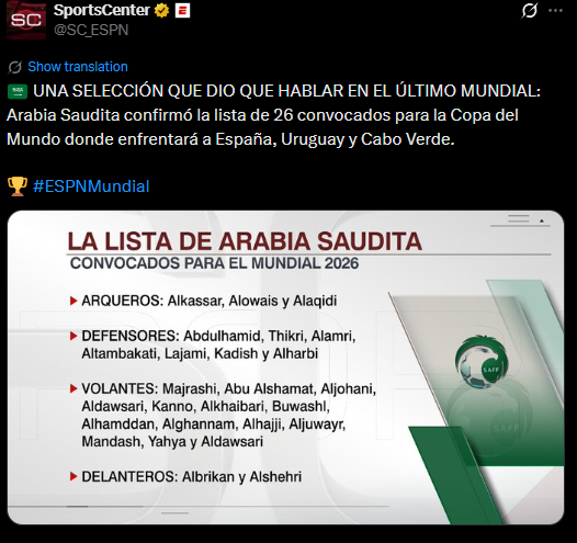 Los 26 convocados de Arabia Saudita por Giorgos Donis para la Copa del Mundo 2026. Fuente/Imagen: SportsCenter (X: @SC_ESPN).  