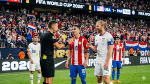 El VAR anuló la primera tarjeta amarilla después del que el arbitro holandés marcará falta del defensor Ream sobre Almirón mediante una nueva relga implementada por la FIFA en este Mundial 2026. Fuente/Imagen: generada por la Inteligencia Artificial.