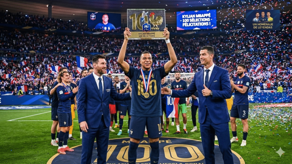 Con la misma edad, 25 años aproximadamente, Messi, Mbappé y Ronaldo marcan un hito histórico en el fútbol tras llegar a los 400 goles en sus carrera. Fuente/Imagen: Generada con Inteligencia Artificial (IA).