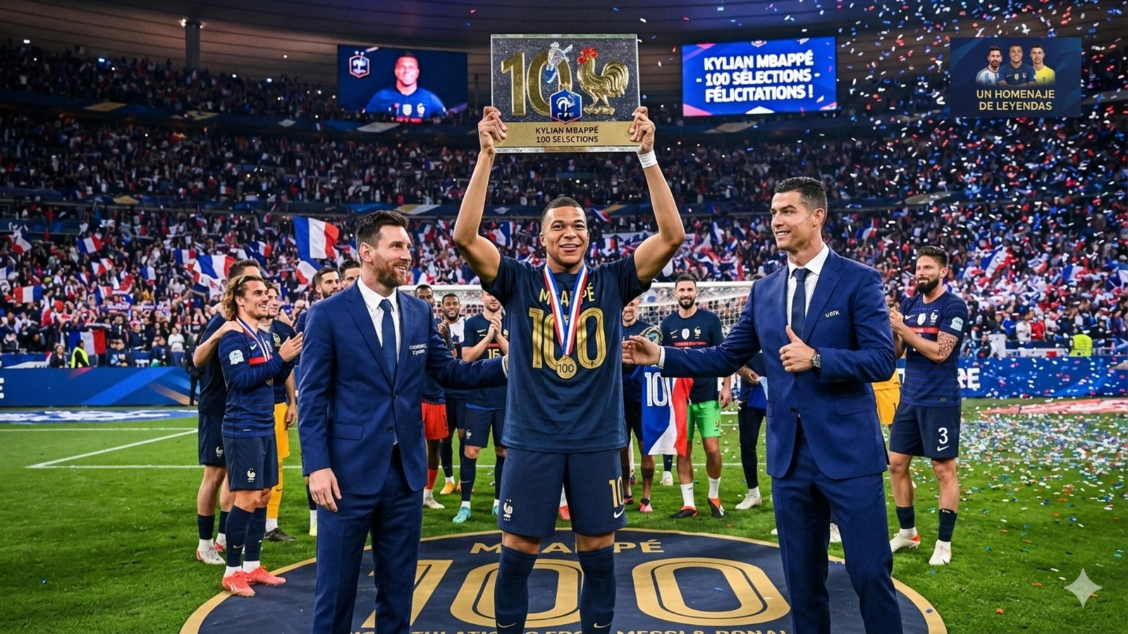 Con la misma edad, 25 años aproximadamente, Messi, Mbappé y Ronaldo marcan un hito histórico en el fútbol tras llegar a los 400 goles en sus carrera. Fuente/Imagen: Generada con Inteligencia Artificial (IA).