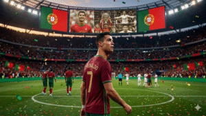 Cristiano Ronaldo anuncia su retido de los mundiales,tras quedar eliminado del Mundial 2026 en octavos de final ante españa. Fuente/Imagen: La imagen fue creada con IA.