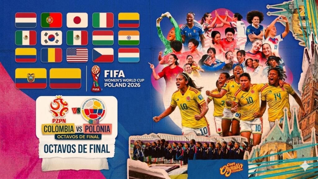 Colombia enfrentará a Polonia en los octavos de final del Mundial Femenino Sub-20 con el objetivo de sellar su boleto a la siguiente ronda. (Imagen ilustrativa creada con IA / Fuentes oficiales: Federación Colombiana de Fútbol y FIFA).