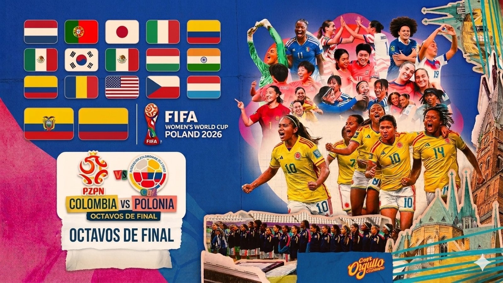 Colombia enfrentará a Polonia en los octavos de final del Mundial Femenino Sub-20 con el objetivo de sellar su boleto a la siguiente ronda. (Imagen ilustrativa creada con IA / Fuentes oficiales: Federación Colombiana de Fútbol y FIFA).