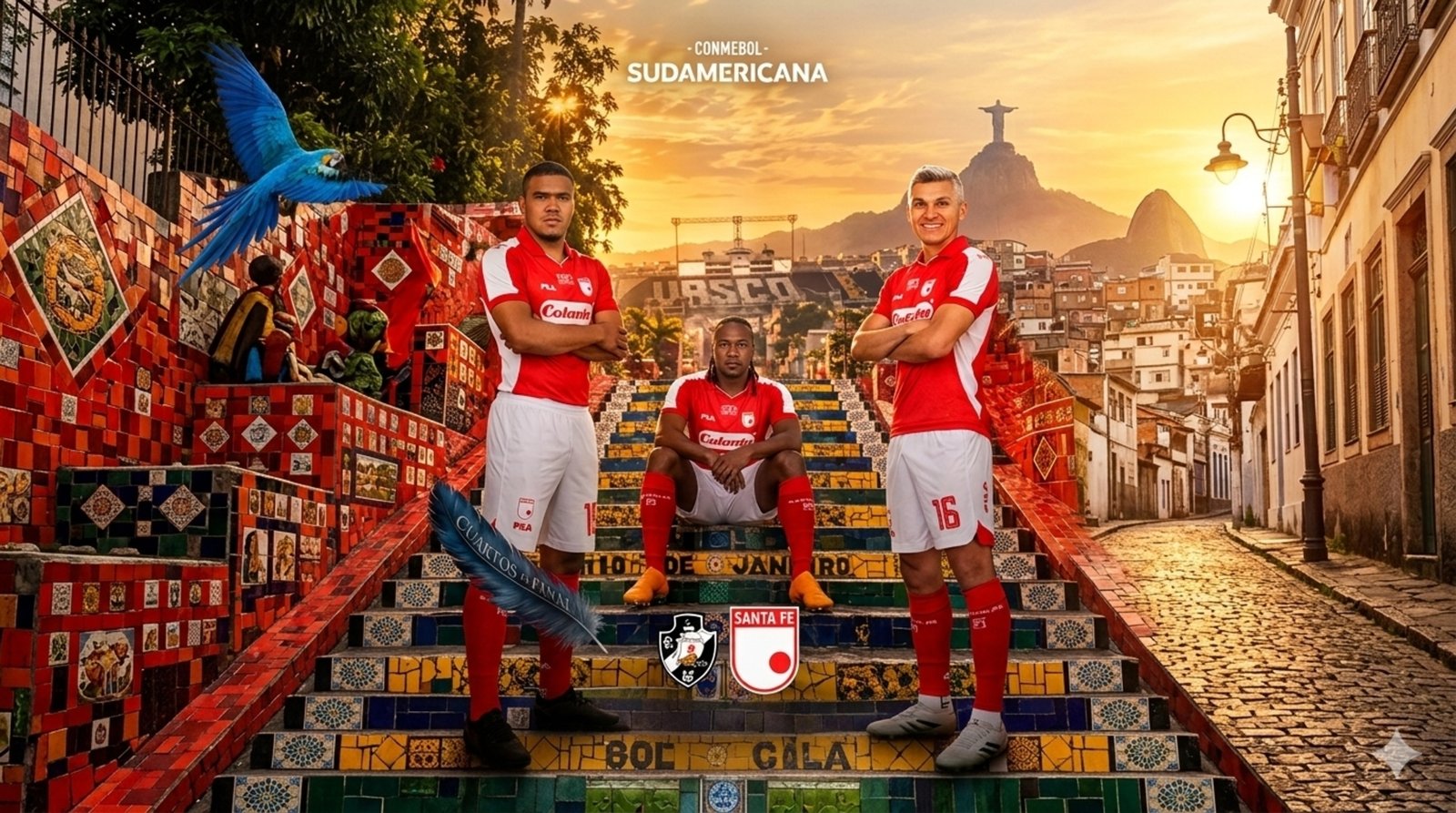 Tras igualar en la ida, Santa Fe busca el pase a la semifinal de la Copa Sudamericana ante Vasco da Gama. (Imagen ilustrativa creada con IA / Fuentes oficiales: Conmebol).