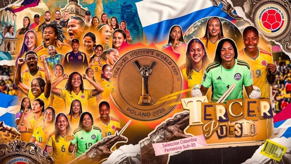 Las jugadoras de la Selección Colombia celebran el histórico tercer puesto y la medalla de bronce en el Mundial femenino Sub-20 de Polonia 2026. Fuente/Imagen: @FCFSeleccionCol