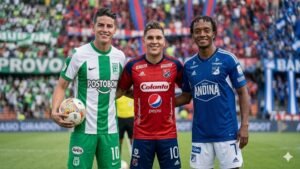 La vieja guardia de la Selección Colombia: James, Quintero y Cuadrado vuelven al fútbol local. Fuente/Imagen: La imagen fue creada con Inteligencia Artificial.