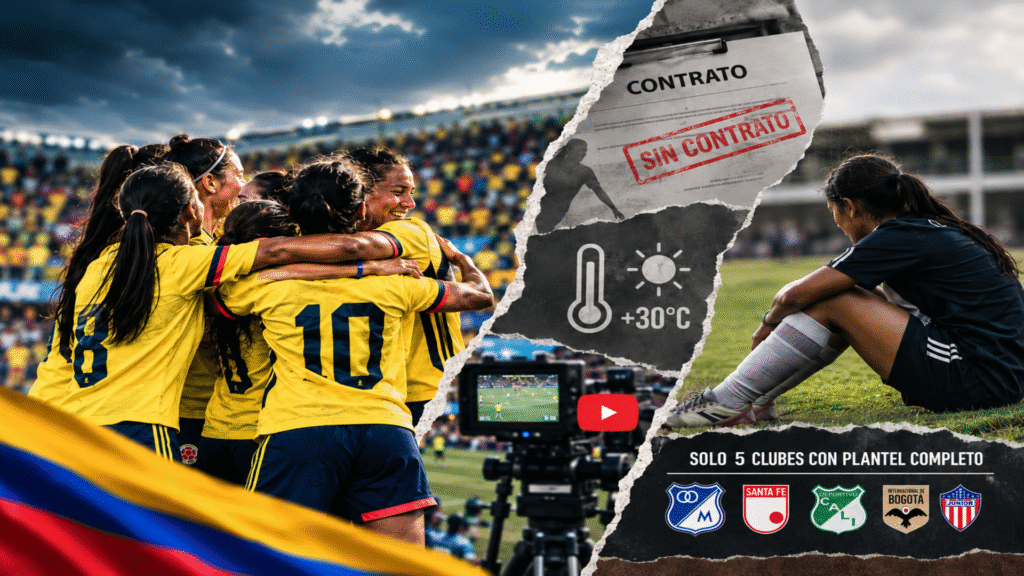 Éxito en el césped, precariedad en los escritorios. El balance de la temporada 2026 enciende las alarmas por la falta de contratos profesionales en la mayoría de los equipos colombianos y las condiciones extremas en la programación de los partidos de la Liga Femenina BetPlay Dimayor 2026. Fuente/Imagen: La imagen fue generada con IA.