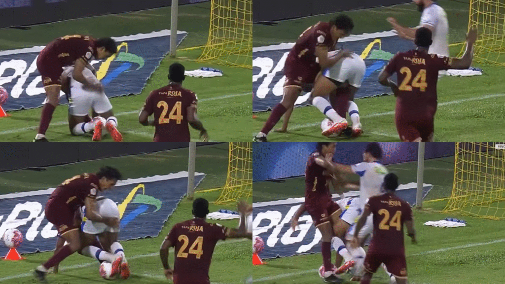Secuencia de la jugada que fue la polémica del partido. Captura de pantalla tomada del canal de Youtube Win Sports. 