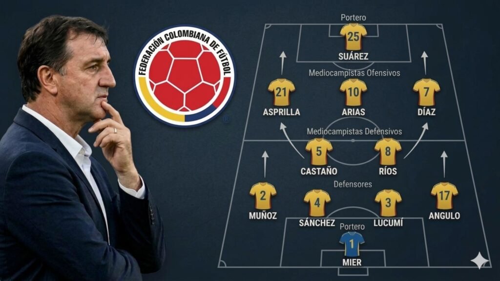 La pizarra de la Selección Colombia: el análisis al detalle de Néstor Lorenzo para definir el once titular. Fuente/Imagen: La imagen fue generada con IA.