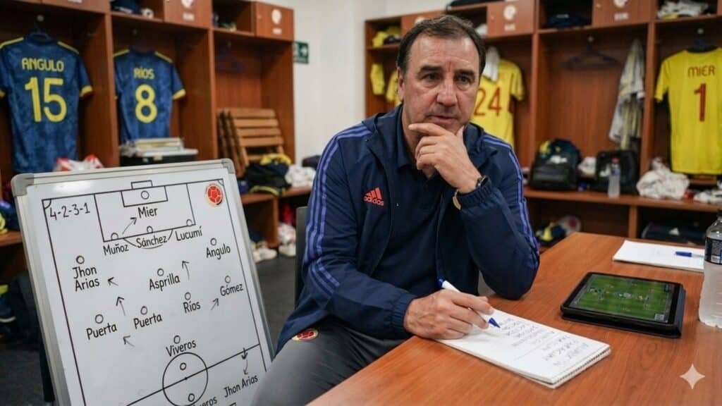 Néstor Lorenzo analiza las variantes tácticas de la Selección Colombia para neutralizar el bloque defensivo de Paraguay. Fuente/Imagen: La imagen fue generada con IA.